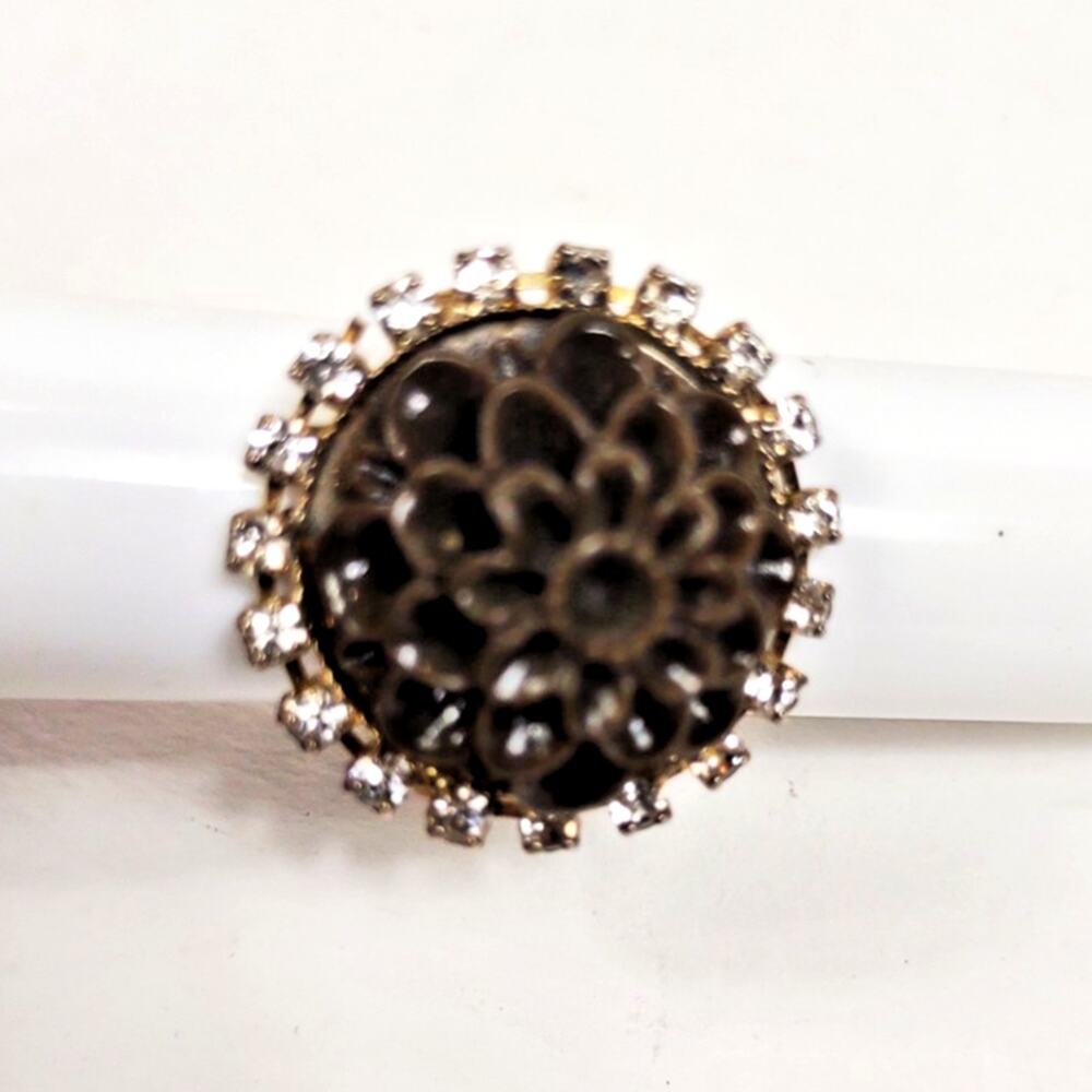 Vintage Large Rhinestone Floral Center Statement Ring Adjustable Size Silvertone